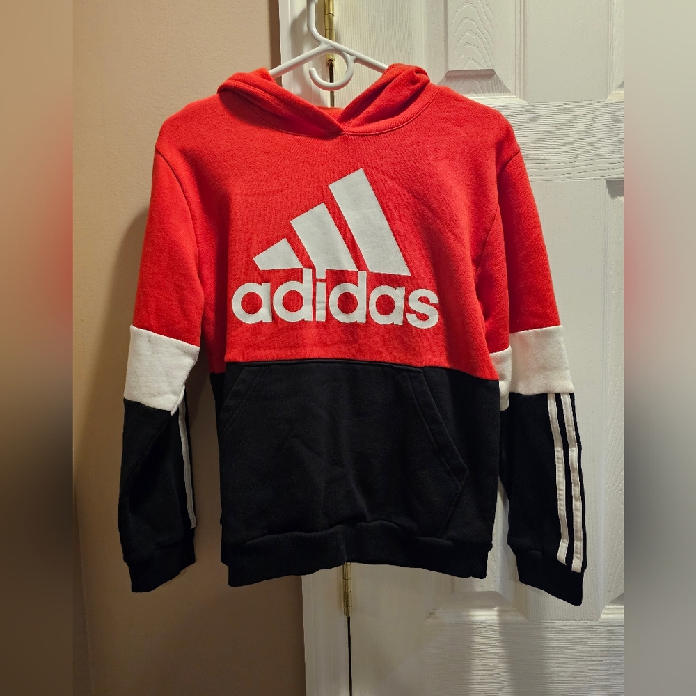 Adidas Tri-Color Hoodie in Red, Black, and White Kids